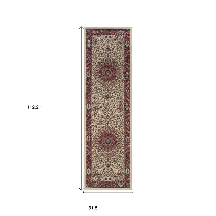 9' Ivory And Red Oriental Runner Rug