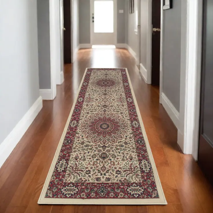 9' Ivory And Red Oriental Runner Rug