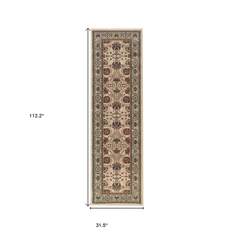 9' Ivory And Red Floral Runner Rug