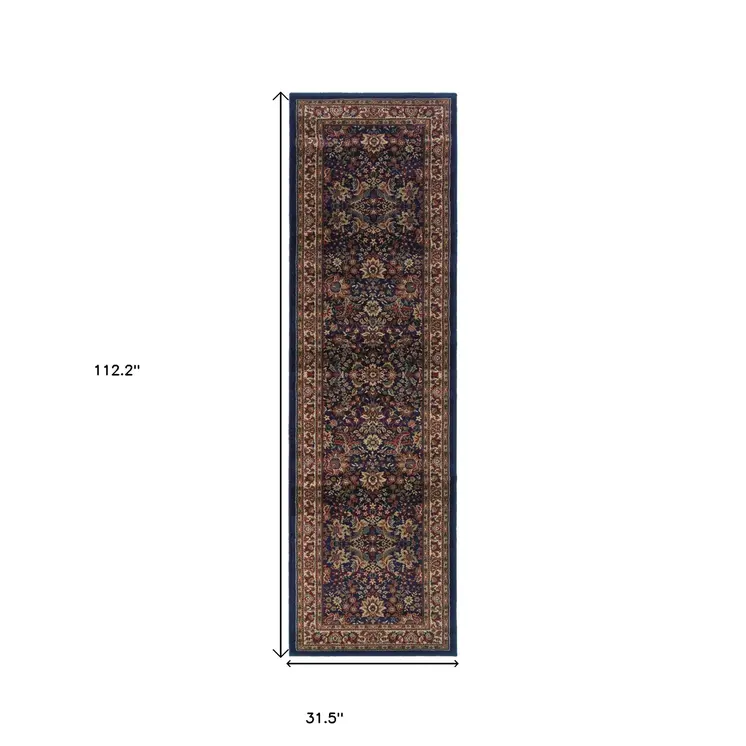 9' Blue And Red Oriental Runner Rug