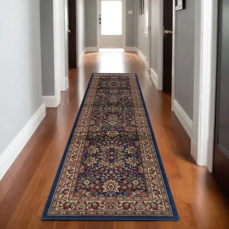 9' Blue And Red Oriental Runner Rug