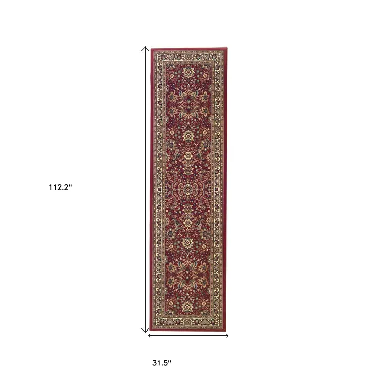 9' Red And Ivory Oriental Runner Rug