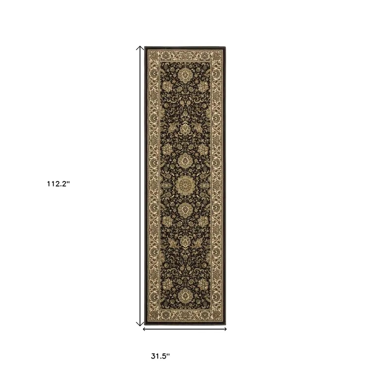 9' Brown And Ivory Oriental Runner Rug