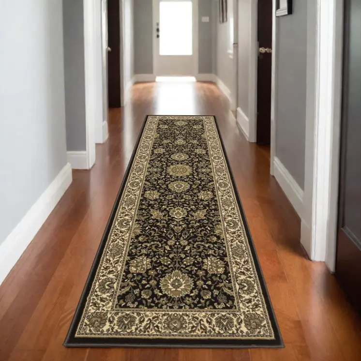 9' Brown And Ivory Oriental Runner Rug