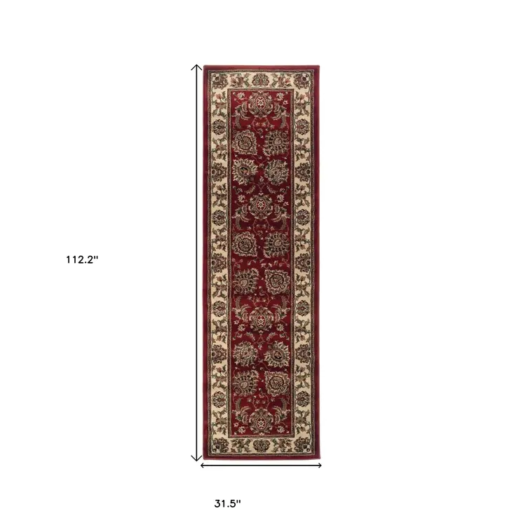 9' Red And Ivory Oriental Runner Rug