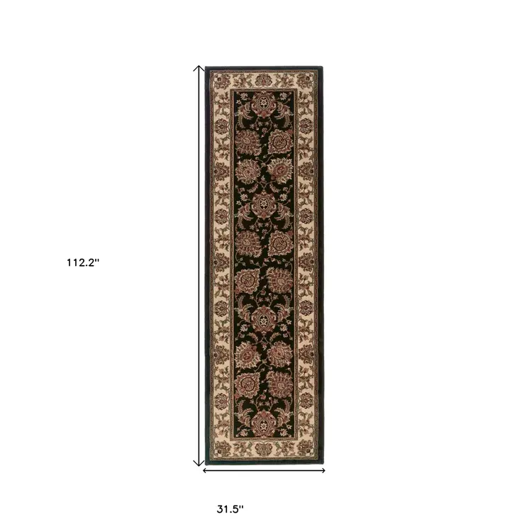 9' Brown And Ivory Oriental Runner Rug