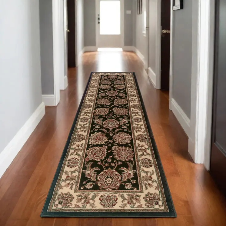 9' Brown And Ivory Oriental Runner Rug