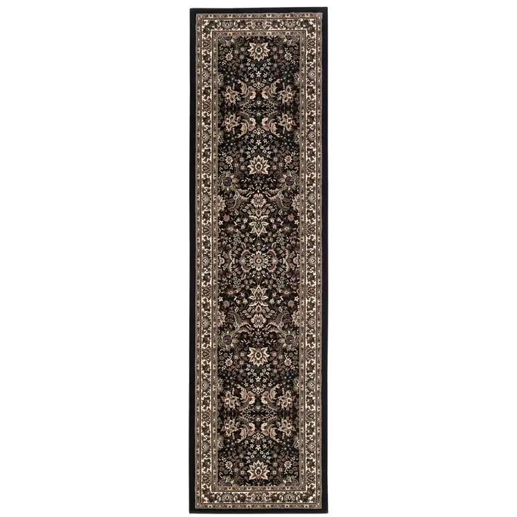 9' Black And Ivory Oriental Runner Rug
