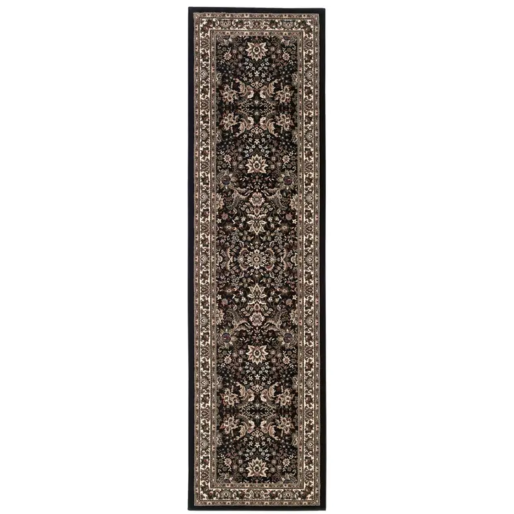 9' Black And Ivory Oriental Runner Rug