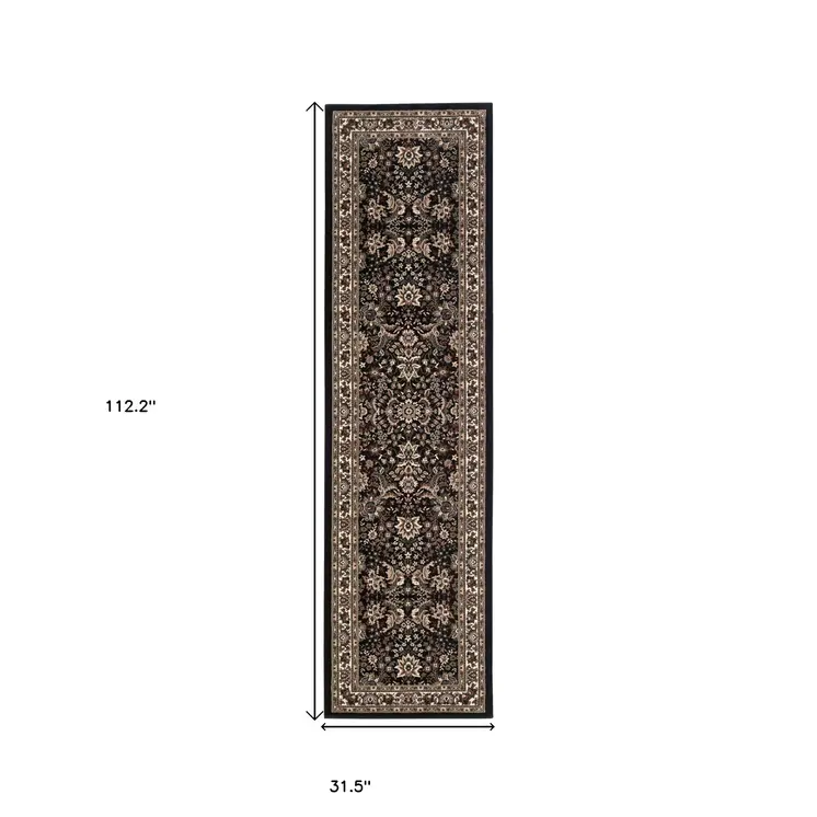 9' Black And Ivory Oriental Runner Rug