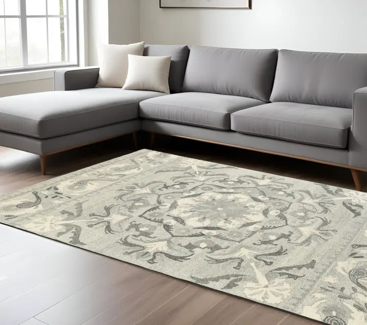 8' X 10' Ivory Wool Floral Hand Tufted Area Rug