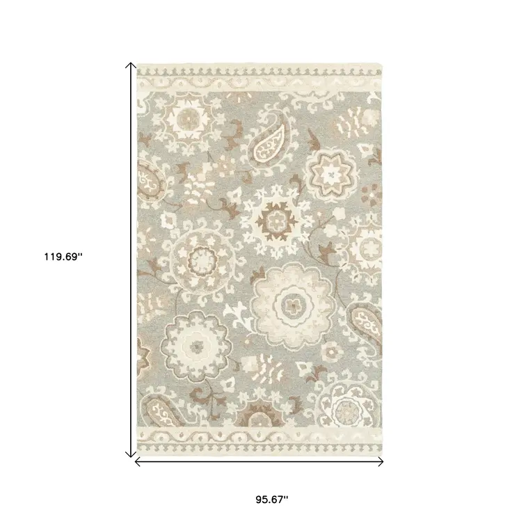 8' X 10' Gray And Sand Wool Floral Hand Tufted Area Rug