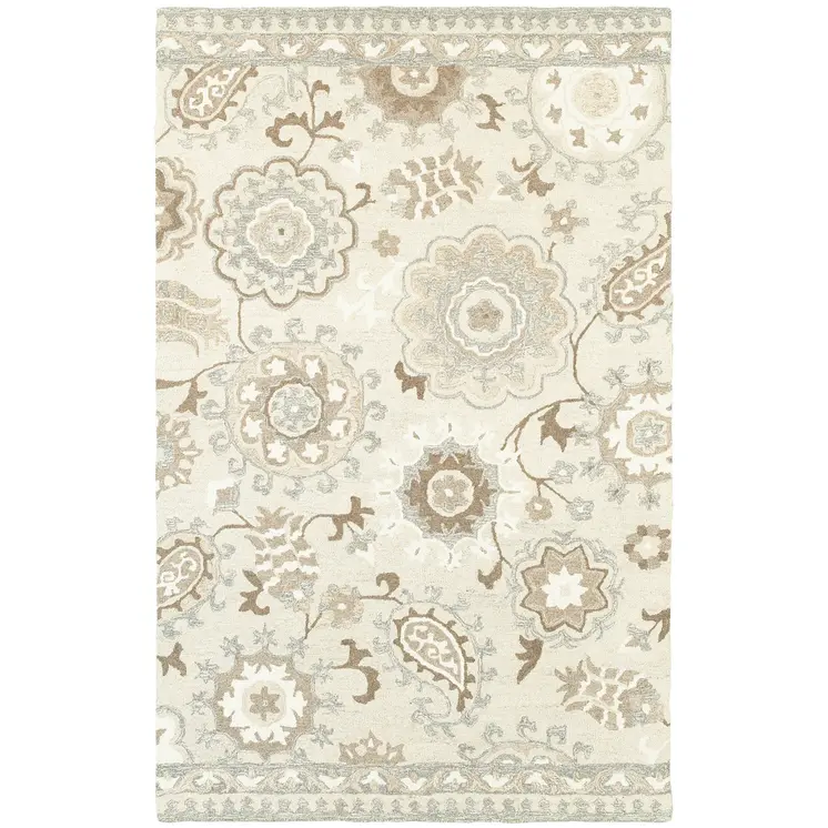 8' X 10' Ivory And Gray Wool Floral Hand Tufted Area Rug