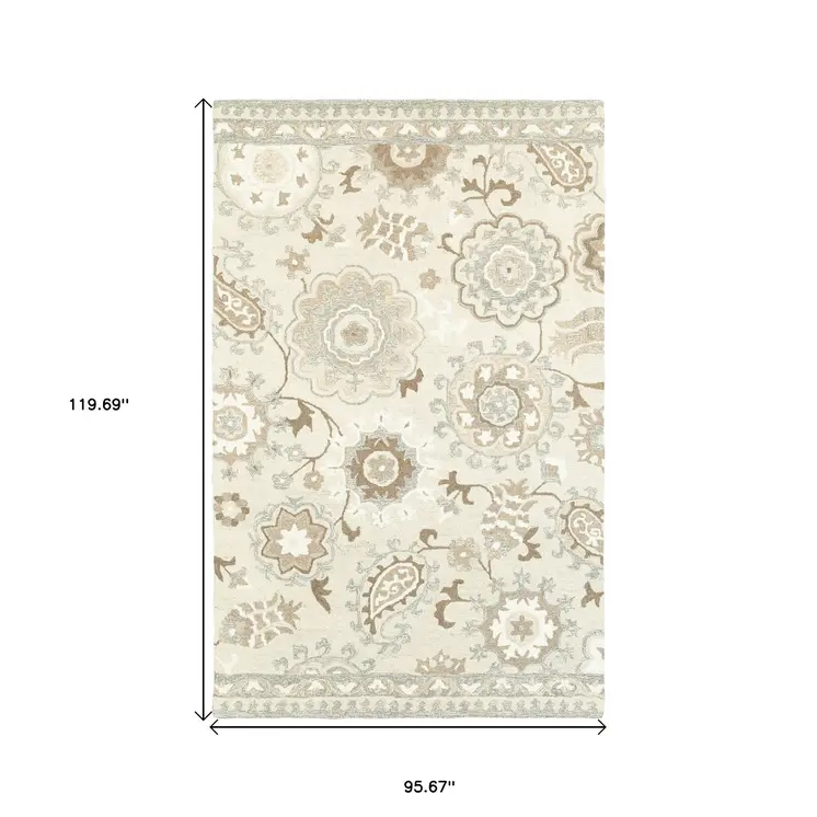 8' X 10' Ivory And Gray Wool Floral Hand Tufted Area Rug