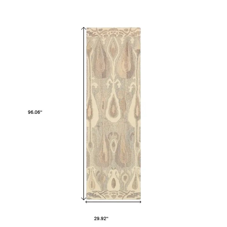 8' Gray And Beige Wool Abstract Hand Tufted Runner Rug