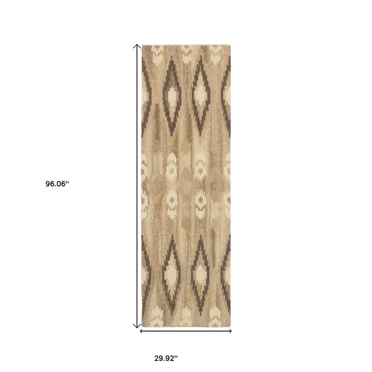8' Beige And Ivory Wool Abstract Hand Tufted Runner Rug