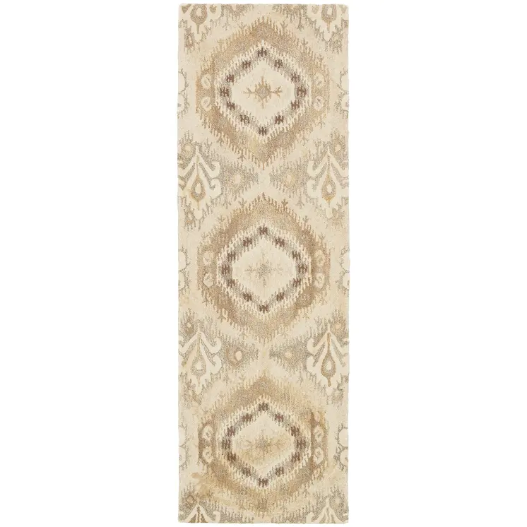 8' Beige And Ivory Wool Abstract Hand Tufted Runner Rug