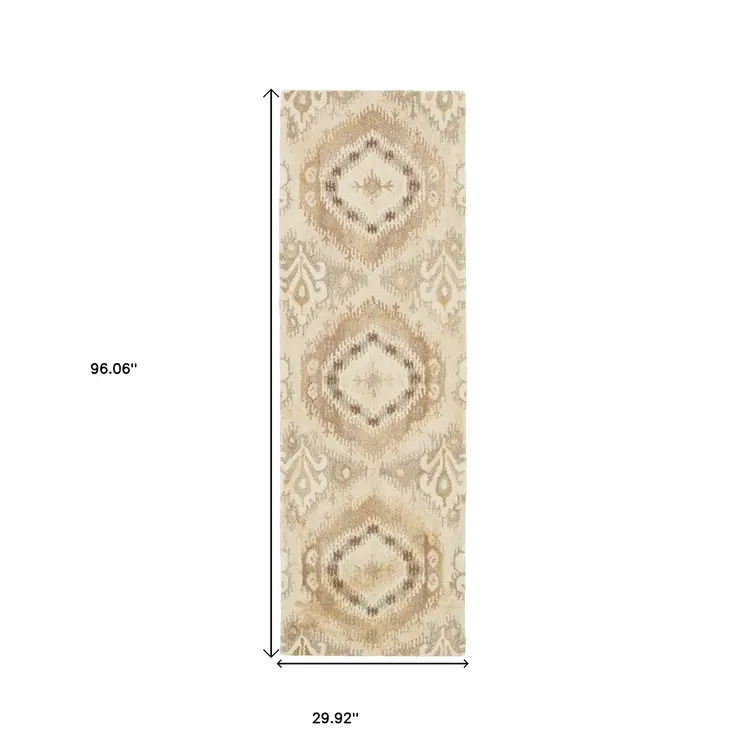 8' Beige And Ivory Wool Abstract Hand Tufted Runner Rug