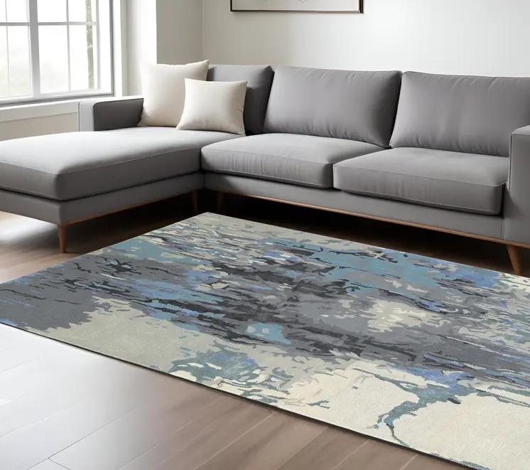 8' X 10' Blue And Gray Abstract Hand Tufted Area Rug