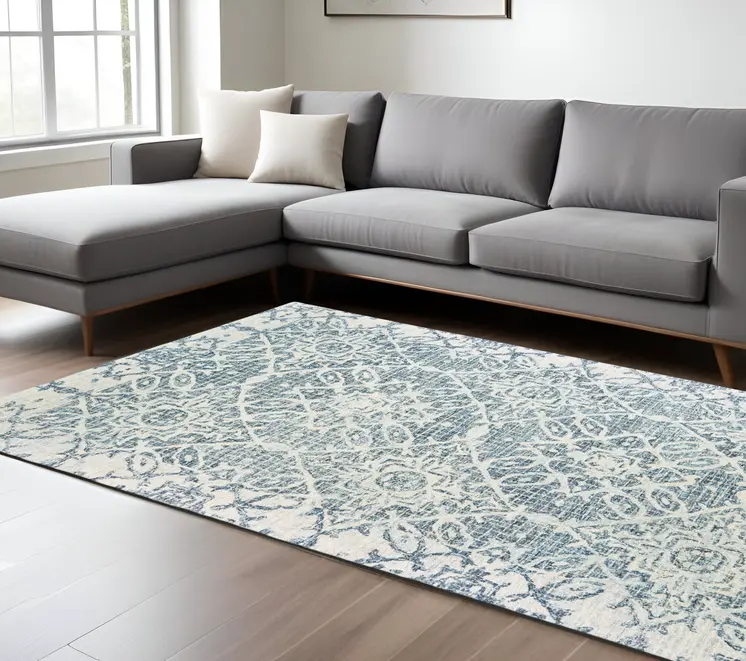 8' X 10' Blue And Ivory Wool Geometric Hand Tufted Area Rug
