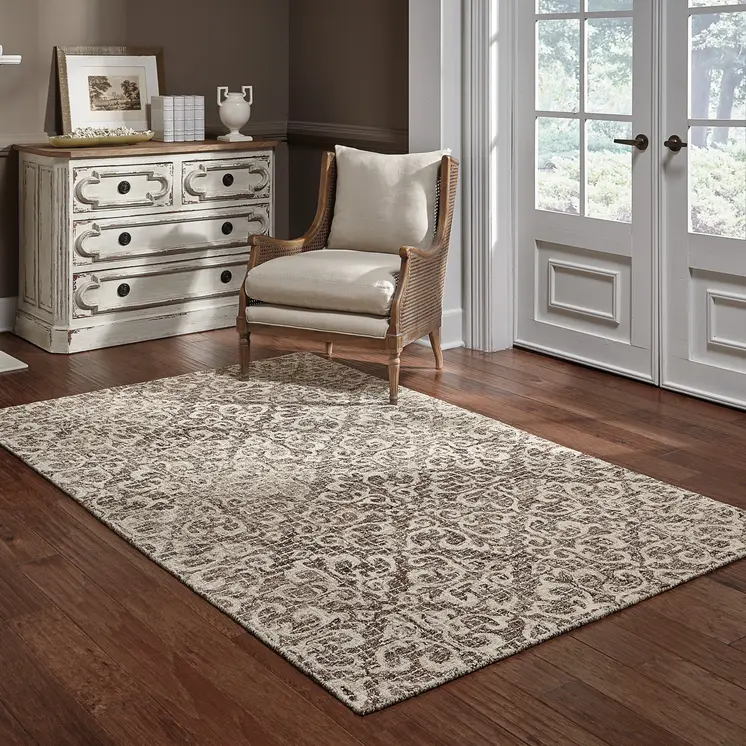 8' X 10' Brown And Ivory Wool Floral Hand Tufted Area Rug