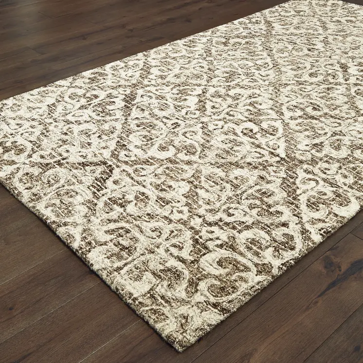 8' X 10' Brown And Ivory Wool Floral Hand Tufted Area Rug