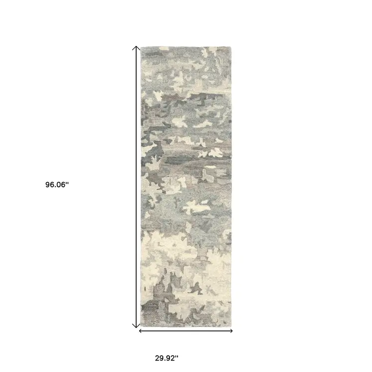 8' Gray And Charcoal Wool Abstract Hand Tufted Runner Rug