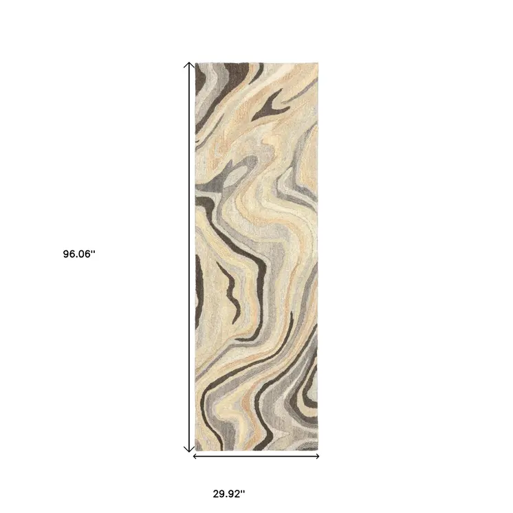 8' Beige And Charcoal Wool Abstract Hand Tufted Runner Rug
