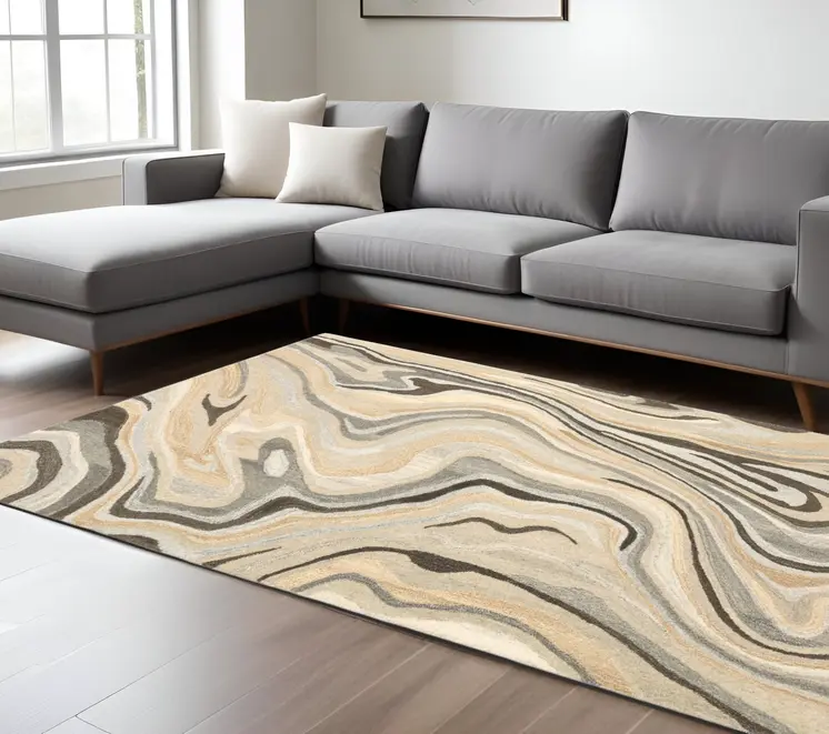 8' X 10' Beige And Charcoal Wool Abstract Hand Tufted Area Rug
