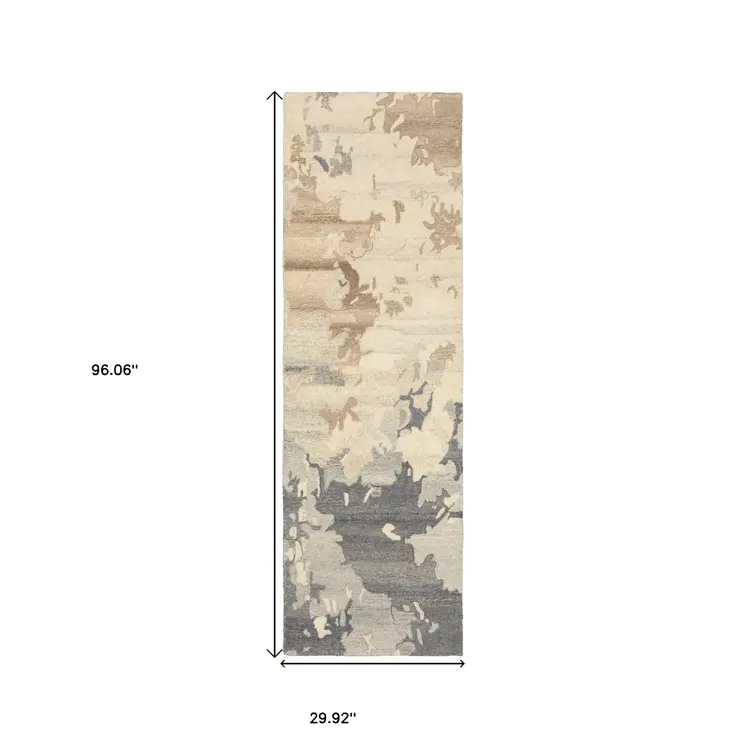 8' Beige And Charcoal Wool Abstract Hand Tufted Runner Rug