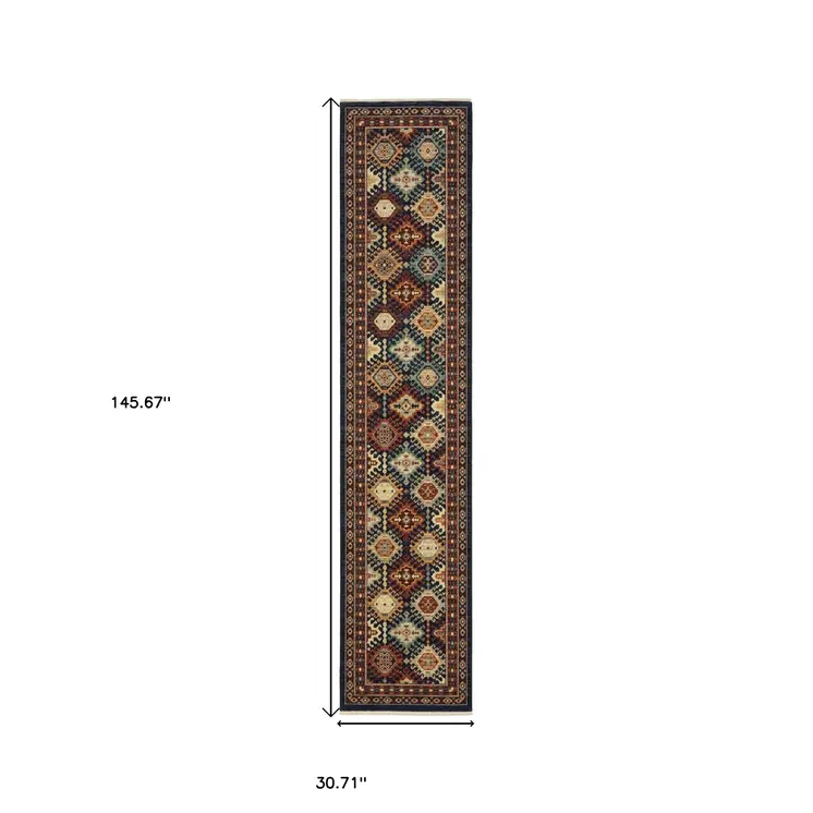 12' Navy Blue Red And Orange Oriental Runner Rug With Fringe