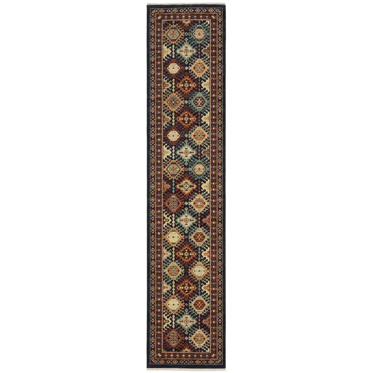 12' Navy Blue Red And Orange Oriental Runner Rug With Fringe