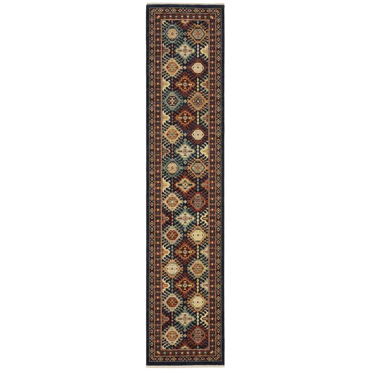 12' Navy Blue Red And Orange Oriental Runner Rug With Fringe