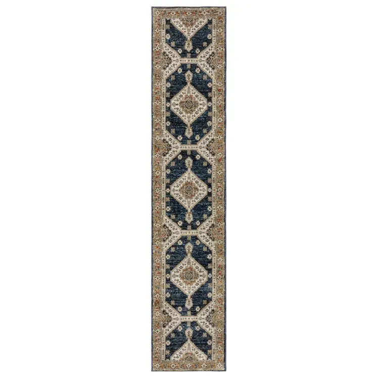 12' Blue And Orange Medallion Runner Rug