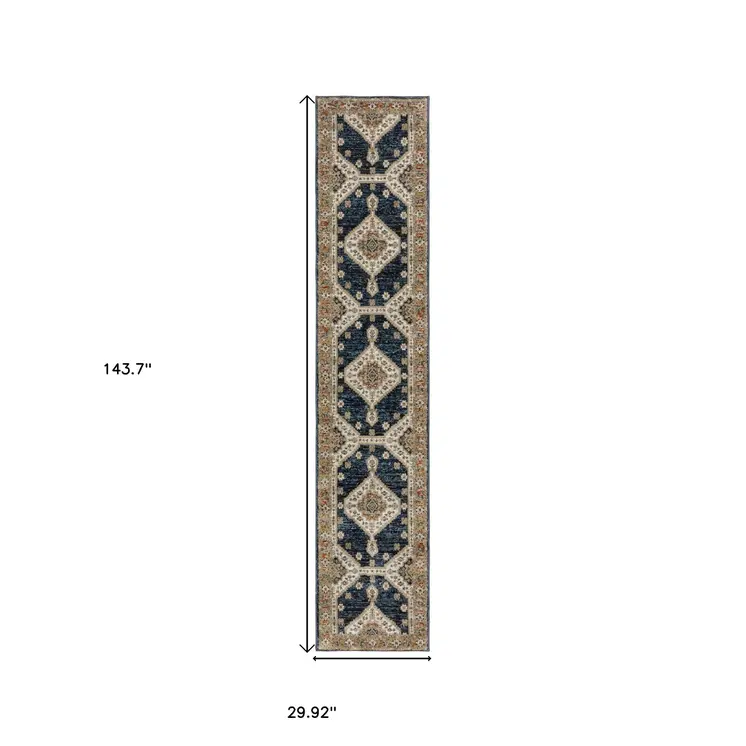 12' Blue And Orange Medallion Runner Rug
