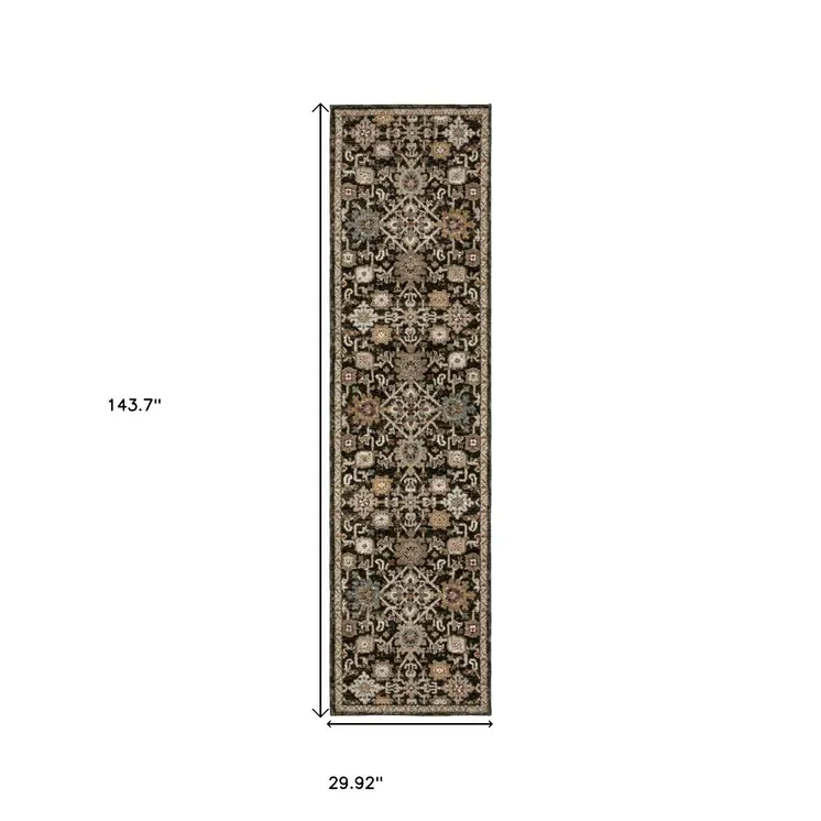 12' Brown Gray And Tan Oriental Runner Rug