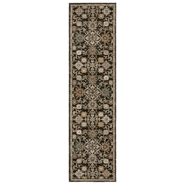12' Brown Gray And Tan Oriental Runner Rug