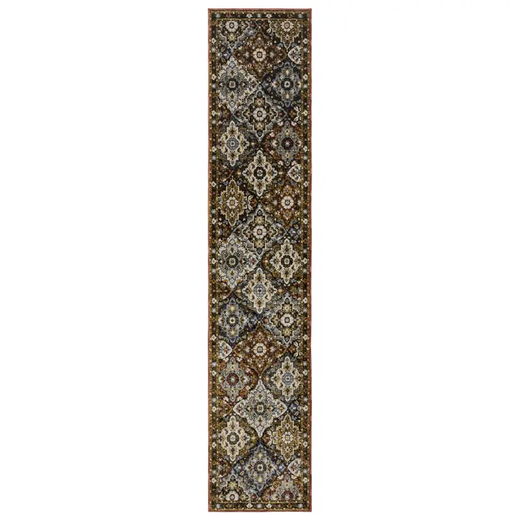 12' Red Orange And Ivory Medallion Runner Rug