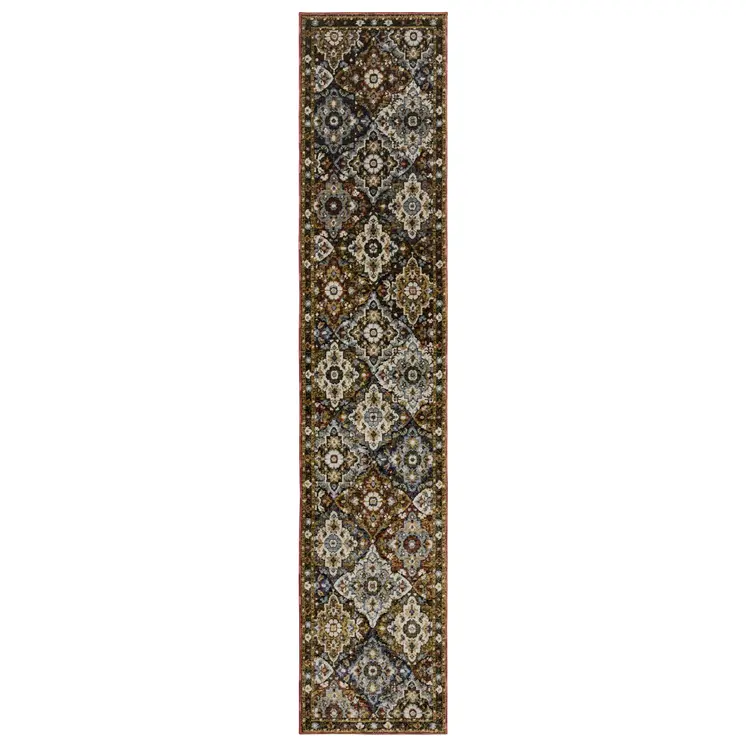 12' Red Orange And Ivory Medallion Runner Rug