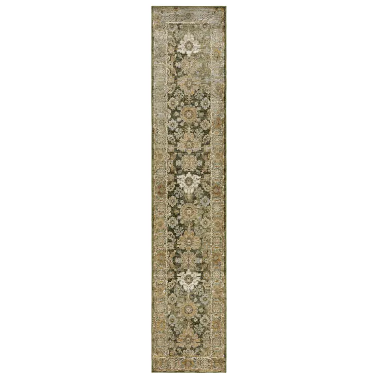 12' Green And Gold Oriental Runner Rug