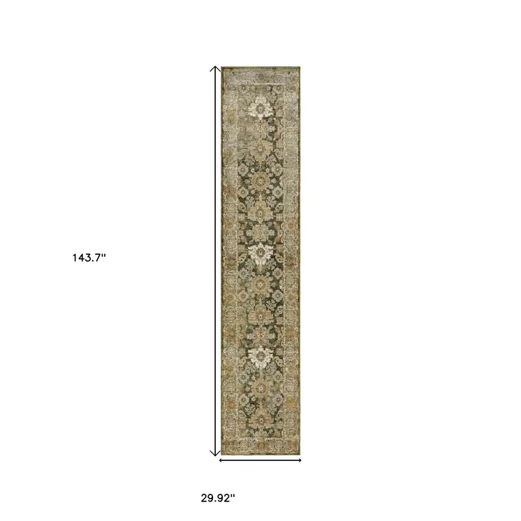 12' Green And Gold Oriental Runner Rug