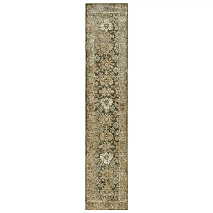 12' Green And Gold Oriental Runner Rug