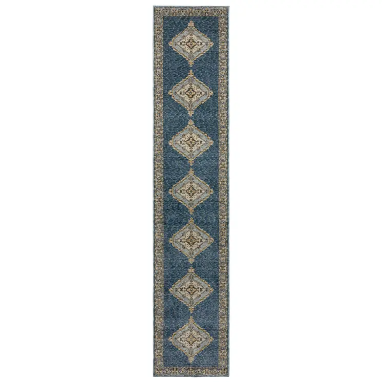 12' Blue And Gold Medallion Runner Rug