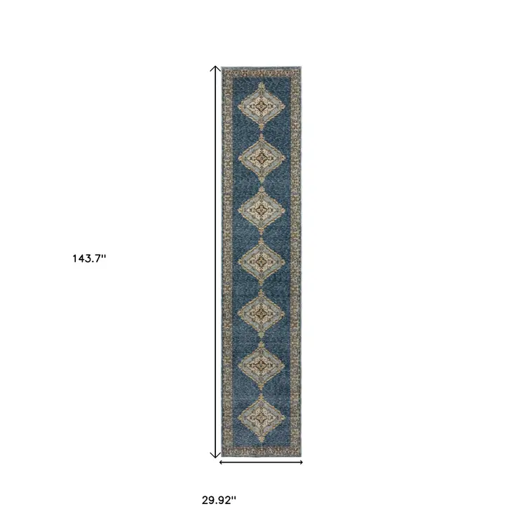 12' Blue And Gold Medallion Runner Rug
