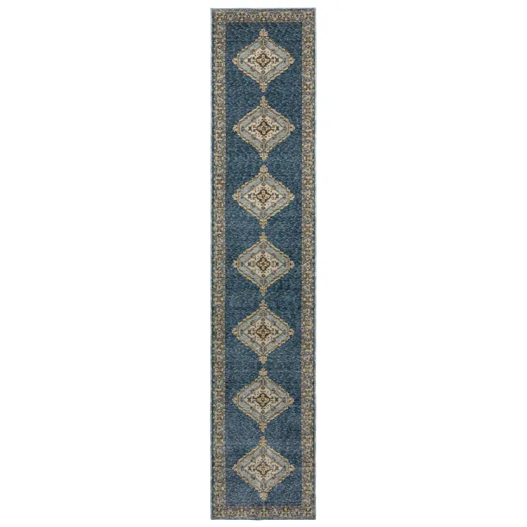 12' Blue And Gold Medallion Runner Rug