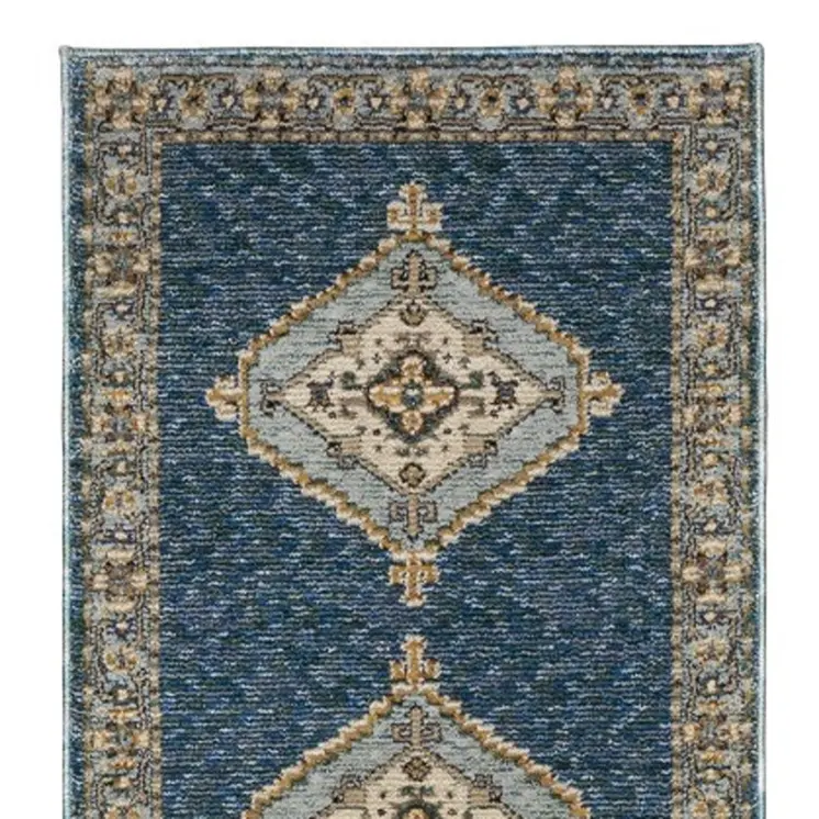 12' Blue And Gold Medallion Runner Rug