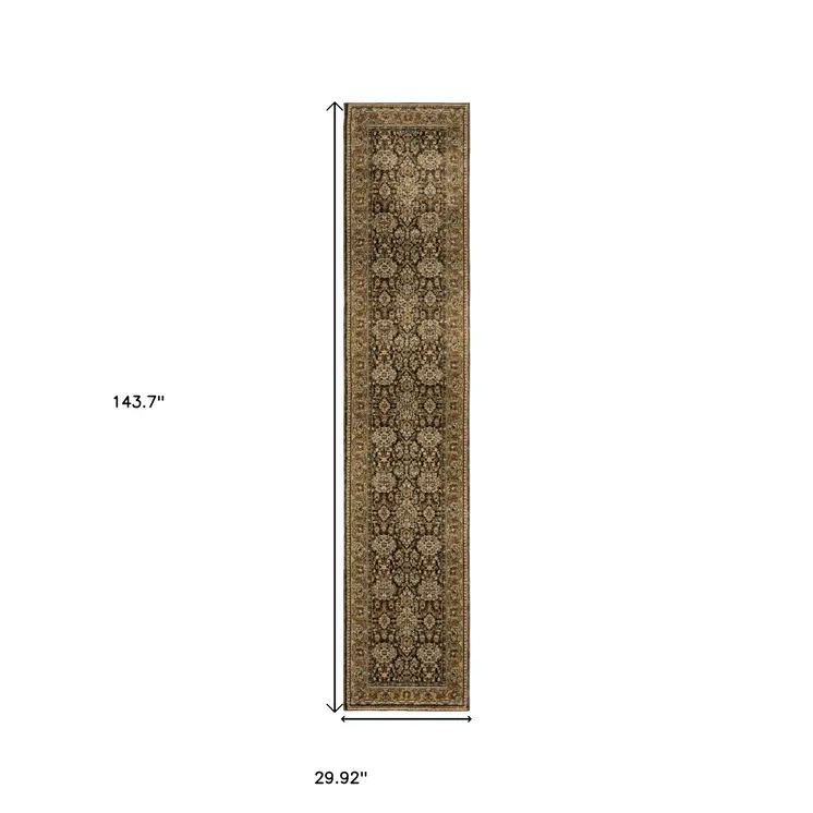 12' Brown And Gold Oriental Runner Rug