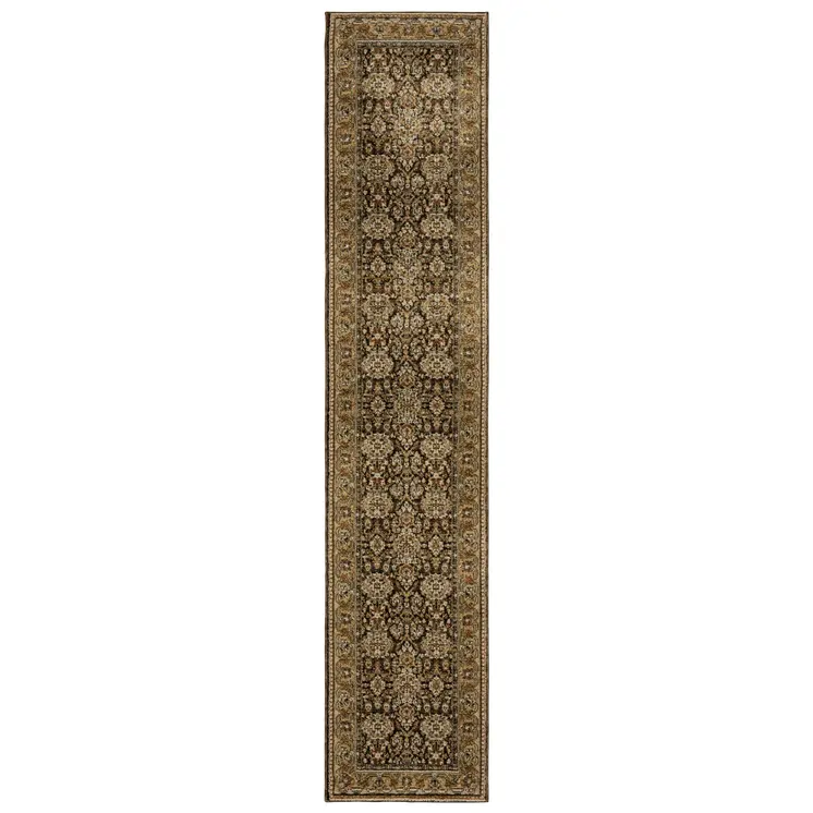 12' Brown And Gold Oriental Runner Rug