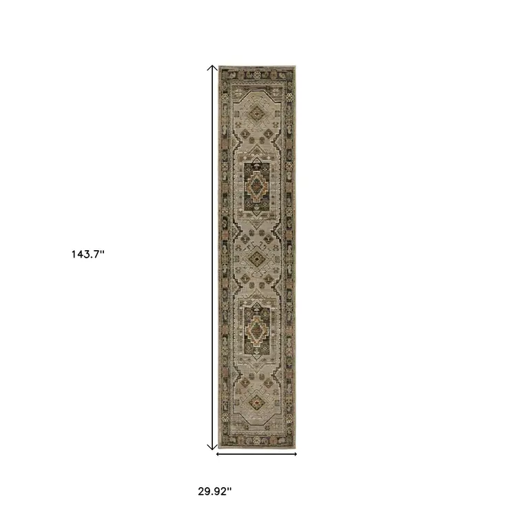 12' Gray And Green Tribal Runner Rug