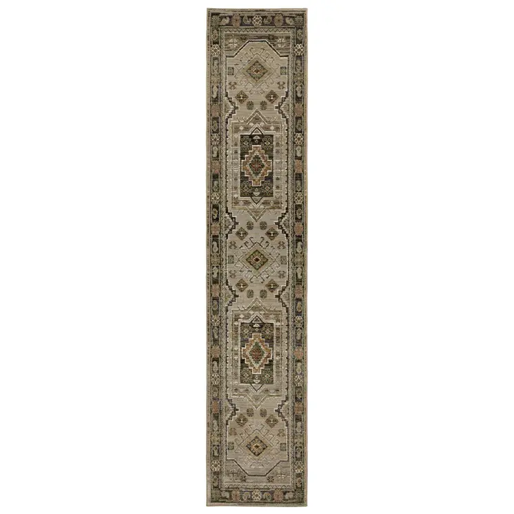 12' Gray And Green Tribal Runner Rug
